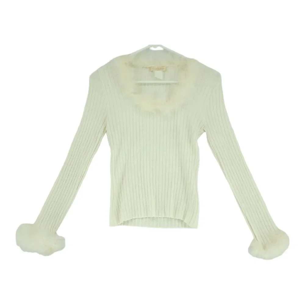 Vintage Small Vertigo Paris White Ribbed Sweater with Feather Collar and Sleeve